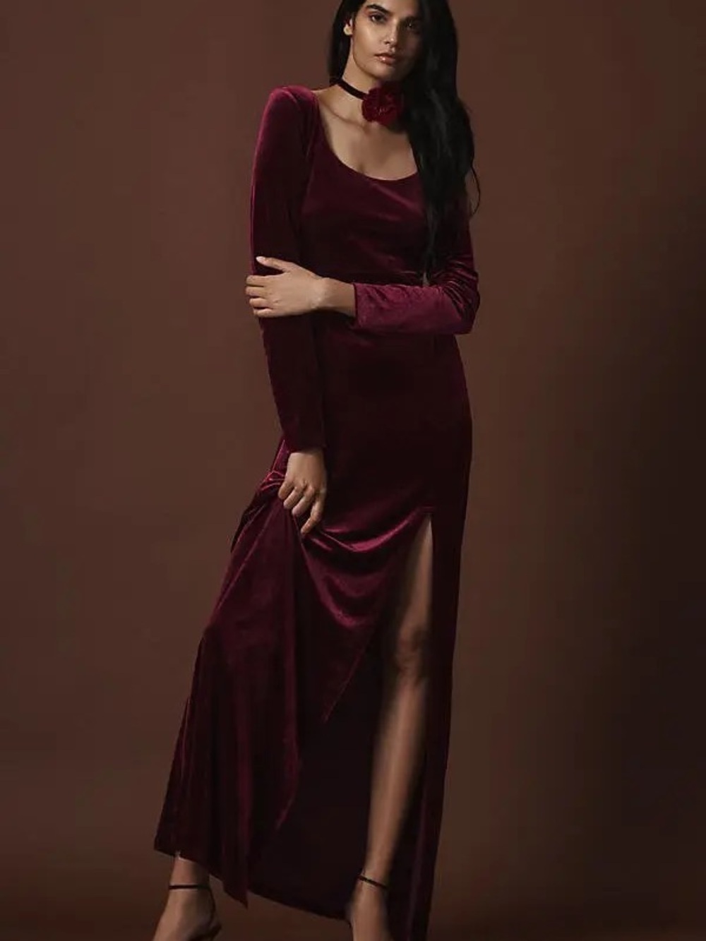 BHLDN Bella Long-Sleeve Scoop-Neck Side-Slit Stretch Velvet Maxi Dress